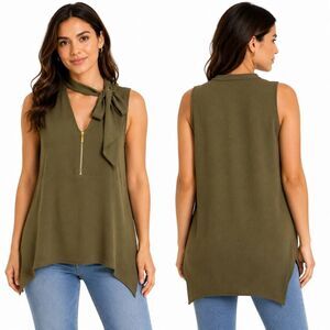 Harve Benard Olive Sleeveless Tie Neck Blouse Medium